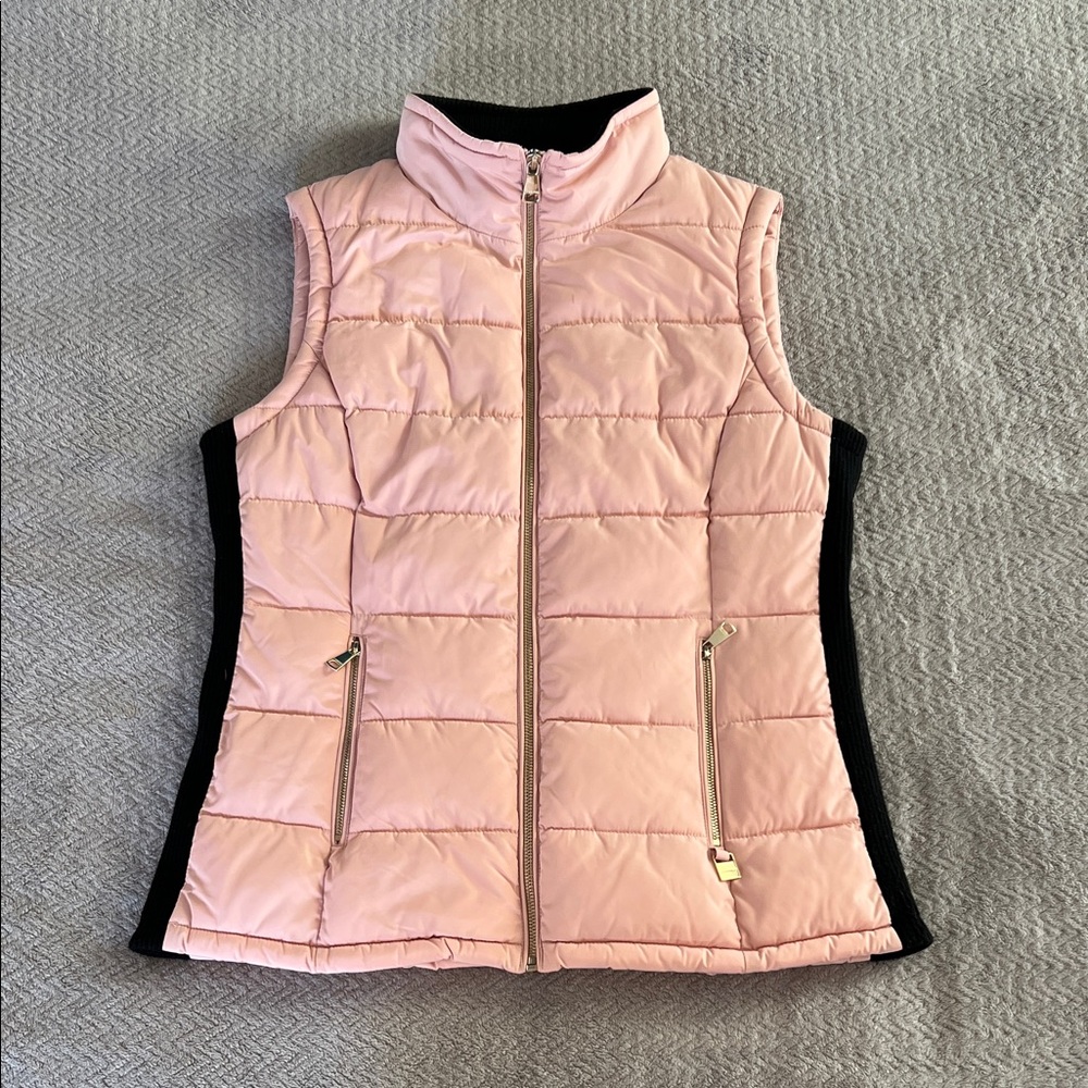 Calvin Klein Pink Quilted Puffer Vest Winter Chic Black Collar Size S